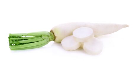 Daikon radishes isolated on white backgroundの写真素材