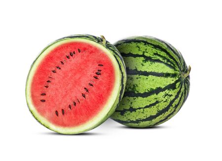 whole and half watermelon isolated on white backgroundの写真素材