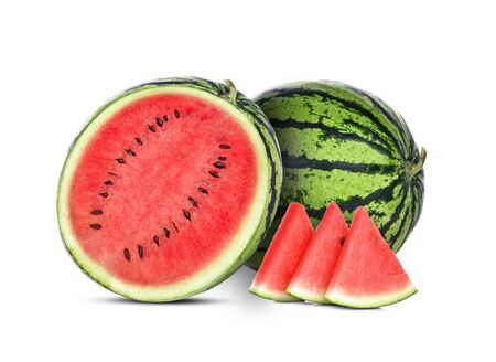 whole and half watermelon isolated on white backgroundの写真素材