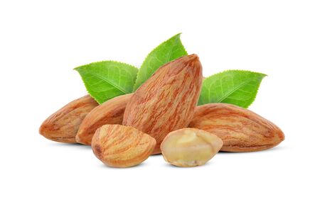 Group of almonds with leaves isolated on white backgroundの写真素材
