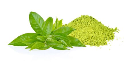Green tea leaf and matcha powder  isolated on white background.の写真素材