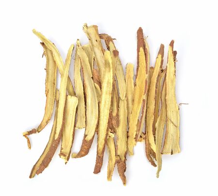 Top view of Slice Licorice roots on white backgroundの写真素材