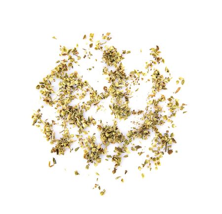 Pile of dried oregano leaves isolated on white background,Top viewの写真素材