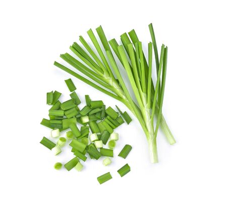 heap of chopped spring onions isolated on white background.top viewの写真素材