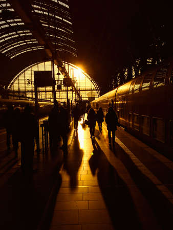 Train station on the sunset. incoming train.の写真素材