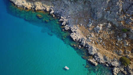Aerial View: Drone video of iconic beach of Agathi and castle of Feraklos, Rodos island, Aegean, Dodecanese, Greeceの写真素材