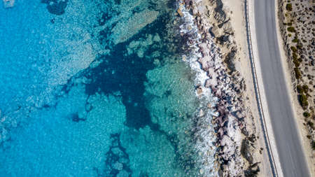 Aerial View: Drone video of beaches in Rhodes Mandriko, Rodos island, Aegean, Greeceの写真素材