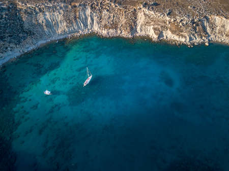 Aerial View of historic Village Lindos on Rhodes Greece Island including Acropolis on Rockの写真素材