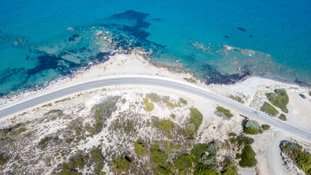 Aerial View: Drone video of beaches in Rhodes Mandriko, Rodos island, Aegean, Greeceの写真素材
