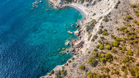 September 2017: Aerial View of Fourni Beach, Rodos island, Aegean Greeceの写真素材