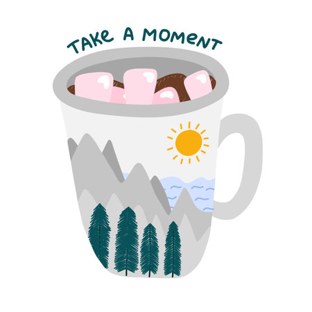 Cozy autumn clip art with seasonal drink and motivational lettering. Ceramic mug with illustration of mountain landscape full of cacao and marshmallow. Hygge hand drawn illustration isolated.のイラスト素材