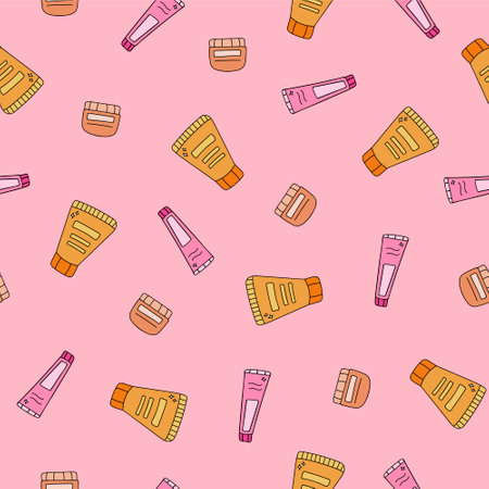 Cute and colorful vector seamless hand drawn pattern with face cream, bottles and jarsのイラスト素材
