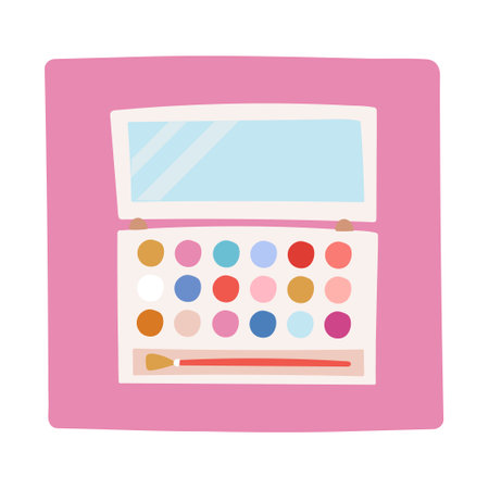 Cute hand drawn eyeshadow palette with bright colors, small mirror and a brush. Colorful stylized illustration about beauty care and face cosmetic. Vector clipart for stickers, social media, posters.のイラスト素材