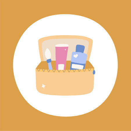 Hand drawn cosmetic bag with beauty products and cosmetics in it: with brush for powder, eyeshadow, cream in the tube, bottle with lid with shampoo. Vector illustration about skin, body, hair care.のイラスト素材