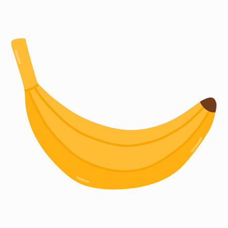 Flat illustration with yellow ripe banana in the peel. Vector hand drawn clipart isolated on background. Vegetarian and vegan food. Healthy farm product. Healthy eating and diet concept. Sweet snack.のイラスト素材