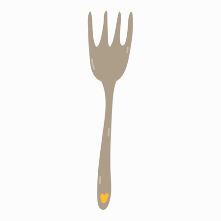 Fork with little heart in funny naive style. Kitchen utensils for tableware at lunch. flatware. Cute vector hand drawn clipart isolated on background. Concept of meal, food, dinner.のイラスト素材