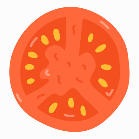 Flat illustration with ripe slice of tomato in trendy naive style. Vector hand drawn clipart isolated on background. Vegetarian and vegan food. Healthy farm product. Healthy eating and diet concept.のイラスト素材