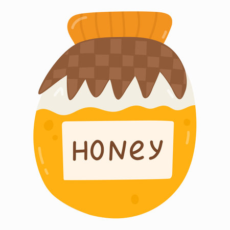 Cute honey in glass jar with checkered towel in trendy naive style. popular dessert. Organic natural sweets for breakfast and tea. Vector hand drawn clipart illustration isolated. cafe menu.のイラスト素材