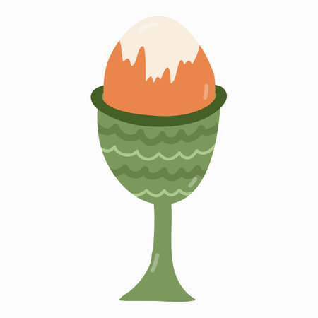 Cute hand drawn boiled egg in the ceramic stand in trendy naive style. Vector hand drawn clipart isolated. Vegetarian food, Healthy product. Tasty meal. Traditional breakfast with popular productsのイラスト素材