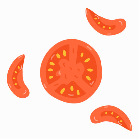 Flat illustration with ripe slice of tomato in trendy naive style. Vector hand drawn clipart isolated on background. Vegetarian and vegan food. Healthy farm product. Healthy eating and diet concept.のイラスト素材