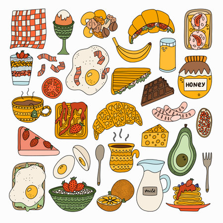 Big set of food and beverage for breakfast. Different variations for meal: vegetarian, healthy, fried, meat. Egg, oatmeal, milk, avocado, toast, croissant, chia, pancakes. Colorful hand drawn doodle.のイラスト素材