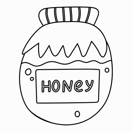 Cute honey in glass jar with checkered towel in trendy naive style. popular dessert. Organic natural sweets for breakfast and tea. Vector hand drawn doodle illustration isolated. cafe menu.のイラスト素材