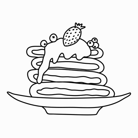 Hand drawn doodle plate with pancakes with jam in naive style. Stacks of tasty hot pancakes with jam, strawberry and blueberry, Traditional American breakfast or brunch with berries and toppings.のイラスト素材