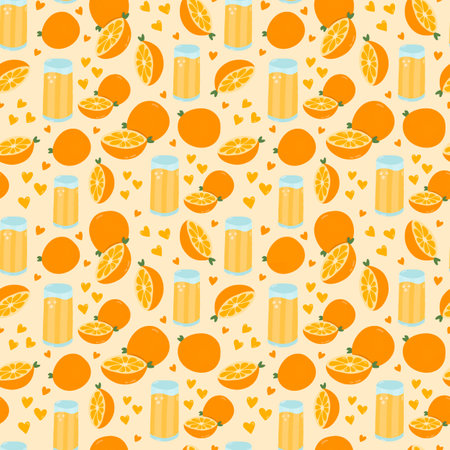 Cute and colorful vector seamless hand drawn pattern with glass of squeezed orange juice, whole and half of orange. Can be used for wrapping paper, bedclothes, notebook, packages, gift paper.の写真素材