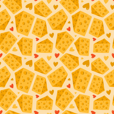 Cute and colorful vector seamless hand drawn pattern with cheese and hearts. Can be used for wrapping paper, bedclothes, notebook, packages, gift paper. Vector hand drawn clipart illustration.のイラスト素材