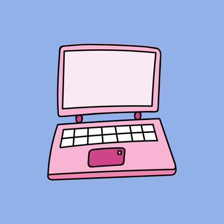 Cute hand drawn cartoon pink laptop with keyboard for business, communication, games. Device for office, working at home or at cafe. Colorful vector clipart illustration isolated on the background.のイラスト素材
