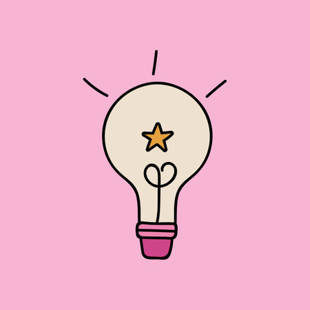 Cute cartoon hand drawn light bulb of the lamp. Business idea, successful brainstorm, creating ideas for the projects, brilliant thoughts in the mind. Vector illustration isolated on the background.のイラスト素材