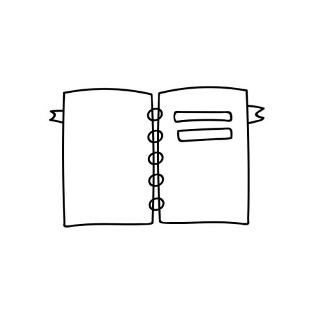 Cute vector doodle of open ring notebook for studying, learning, education, writing lectures, planning, scheduling. Notepad illustration isolated on background with hand drawn doodle outline.のイラスト素材
