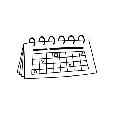 Trendy hand drawn calendar on rings in doodle style. Business icon about time on project, deadlines, dates, achievement tasks on right time. Vector illustration isolated on the backgroundのイラスト素材