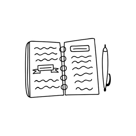 Cute vector doodle of ring notebook with pen and notes for studying, learning, education, lectures, planning, scheduling. Notepad illustration isolated on background with hand drawn doodle outline.のイラスト素材