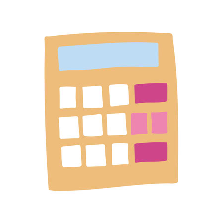 Cute hand drawn yellow calculator with buttons. Colorful vector illustration in clipart style isolated on white background.のイラスト素材