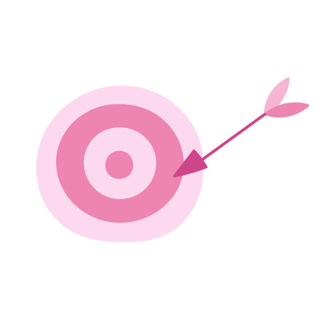 Cute hand drawn target with arrow on the edge in cartoon style. Explaining business processes, achievements of goals, plans, tasks. Colorful vector illustration isolated on background.のイラスト素材