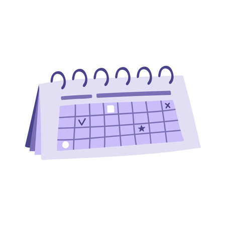 Trendy hand drawn calendar on rings in cartoon style. Business icon about time on project, deadlines, dates, achievement tasks on right time. Vector illustration isolated on the backgroundのイラスト素材