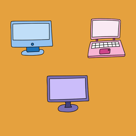 Set of cute hand drawn cartoon computers for business. Monitor, laptop with keyboard. Device for office, working at home or at cafe. Colorful vector clipart illustration isolated on the background.のイラスト素材