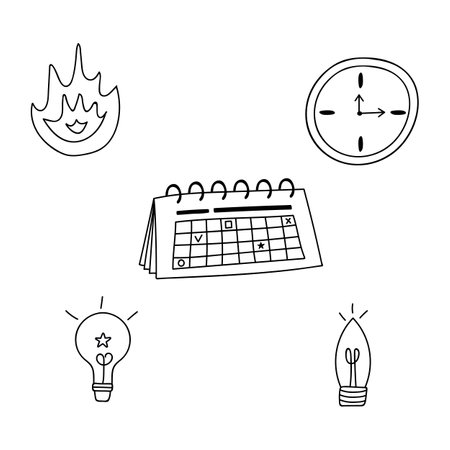 Set of business icons in doodle hand drawn style about planning business project, duration of it, time and deadline for tasks, different brilliant ideas. isolated on background.のイラスト素材