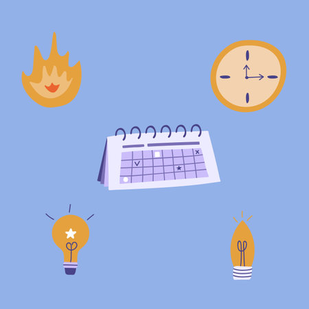 Set of business icons in cartoon hand drawn style about planning business project, duration of it, time and deadline for tasks, different brilliant ideas. isolated on background.のイラスト素材