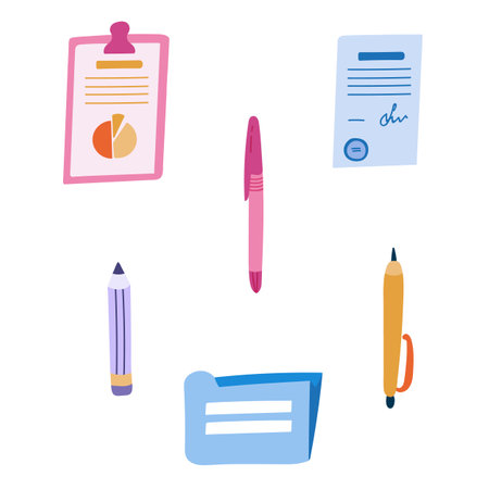 Set of cute and funny business documents, pens and pencils in cartoon style. Paper in clipboard, folder, pencil for writing things down. Vector hand drawn illustrations isolated on background.のイラスト素材