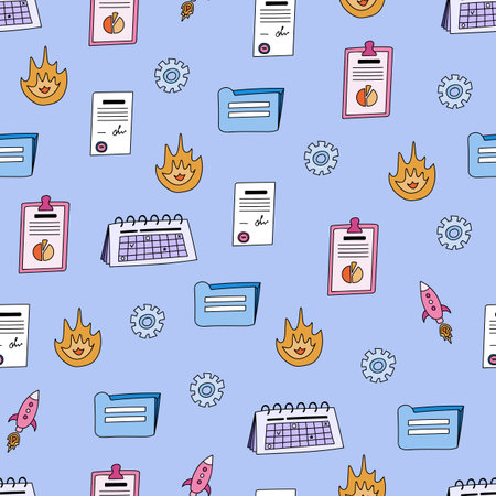 Cute and colorful vector seamless hand drawn pattern with documents, calendar, deadline, folder, gear. Can be used for, wrapping paper, bedclothes, notebook, packages, gift paper.のイラスト素材