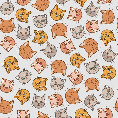 Funny, colorful and cute seamless pattern with cat faces close up, hand drawn vectorのイラスト素材