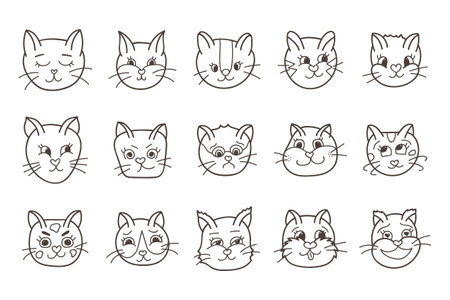 Vector set of cute cats faces close up with different emotions (happy, sad, angry, embarrassed, insidious, arrogant, playful, laughing, etc.). Trendy stylized doodle with hand drawn vector outline.のイラスト素材