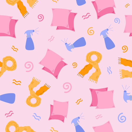 Cute and colorful vector seamless hand drawn pattern with cosmetic products for Curly Girl Method (curly hair routine). Can be used for, wrapping paper, bedclothes, notebook, packages, gift paper.のイラスト素材