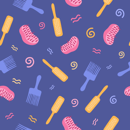 Cute and colorful vector seamless hand drawn pattern with cosmetic products for Curly Girl Method (curly hair routine). Can be used for, wrapping paper, bedclothes, notebook, packages, gift paper.のイラスト素材