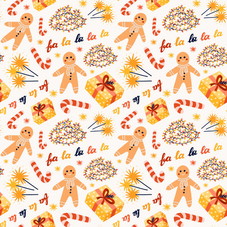 Cute Christmas seamless pattern with vector hand drawn holiday illustrations of gingerbread man,...