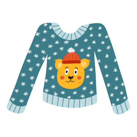 Cute warm knitted sweater with snowflakes and funny bear in the hat. Woolen pullover for cold winter season. Knitwear, handmade Christmas garment, ugly sweater. Hand drawn vector isolated clipart.のイラスト素材