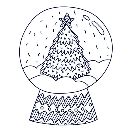 Cute hand drawn snow globe with Christmas tree with star above it and snowflakes. Vector doodle isolated on background. glass sphere ball. Concept of Christmas, wintertime, holiday. new year decorのイラスト素材