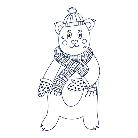 Cute winter bear with blush on the cheeks in warm scarf, mittens, hat. Hand drawn vector doodle. Concept of winter, holiday. Christmas. For baby shower, birthday, kids's party, greeting cardのイラスト素材